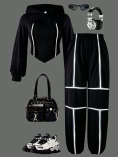 Teen Girls Reflective Strip Black Pullover Hoodie & Sweatpants Set, Autumn Spring Black   Long Sleeve Knitted Fabric Plain  Slight Stretch Spring/Fall Teen Girls Clothing, size features are:Bust: ,Length: ,Sleeve Length: Trendy Black Long Sleeve Sets, Trendy Black Tracksuit Top And Pants, Trendy Black Long Sleeve Tracksuit, Trendy Black Sets For Winter, Trendy Black Winter Sets, Trendy Black Hooded Tracksuit, Trendy Black Tracksuit For Loungewear, Trendy Black Tracksuit For Fall, Black Hooded Sets For Fall