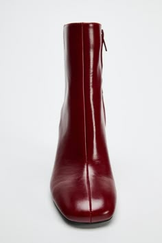 HEELED LEATHER ANKLE BOOTS - Burgundy Red | ZARA United States Red Suede Boots Ankle, Patent Leather Brown Boots, Cherry Red Heels, Red Boots Aesthetic, Red Heel Boots, Red Block Heels, 2025 Trends, Red Ankle Boots, Burgundy Boots Ankle