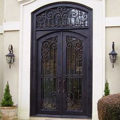 double iron door with customized size and grille Iron Double Door, Front Double Door, Arched Transom, Wrought Iron Doors Front Entrances, Iron Front Door, Iron Entry Doors, Elegant Entryway, Gate Ideas, Heavy Duty Hinges