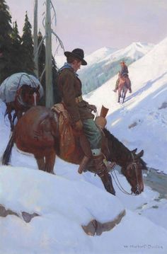 a painting of two men riding horses in the snow with another man on horseback behind them