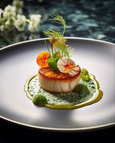 a white plate topped with food on top of a green sauce covered table next to flowers