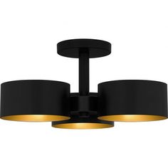 three light black ceiling fixture with gold trim