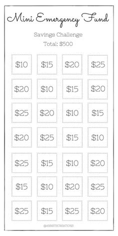 a printable mini emergency fund savings chart with the words, saving challenge $ 350