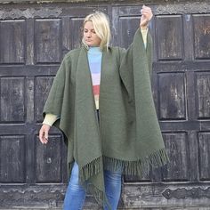 Timeless and versatile  poncho for freely moving is made from merino wool  Ideal for all seasons.  This is  extra warm poncho looks fantastic in the town or country  COMPOSITION: 80% merino wool 20% nylon (for extra durability) Measurements are as follows:  55  inches in width (or 140cm) and  39 inches  (100cm) in length (including the fringes).  They are One size fits most. CARE INSTRUCTIONS: dry clean or hand wash in cold water. An excellent wool poncho for indoor and outdoor use. Protects aga Ruana Wrap, Cape Shawl, Wool Poncho, Wool Cape, Shawls And Wraps, Natural Wool, Fashion Item, Merino Wool, Scarf Accessory