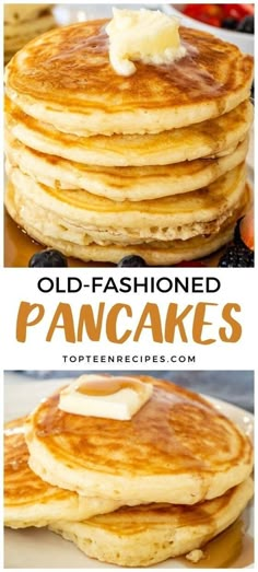 pancakes stacked on top of each other with butter