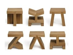 wooden stools and tables are arranged in the shape of letters