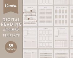 the digital reading journal template is shown in several different sizes and colors, including beige