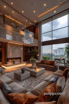 a living room filled with lots of furniture and a fire place in the middle of it