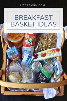 a basket filled with breakfast items and the title overlay reads, breakfast basket ideas