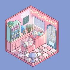 an illustration of a small kitchen with pink walls