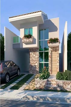 a car parked in front of a two story house with plants on the balconies