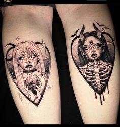 two tattoos on the legs of women with skulls and skeletons in them, one is holding a heart