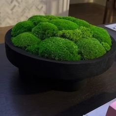 a black bowl filled with green moss sitting on top of a table