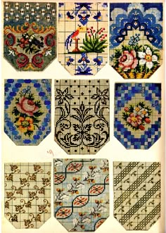 cross stitch patterns with flowers and birds on them, all in different shades of blue