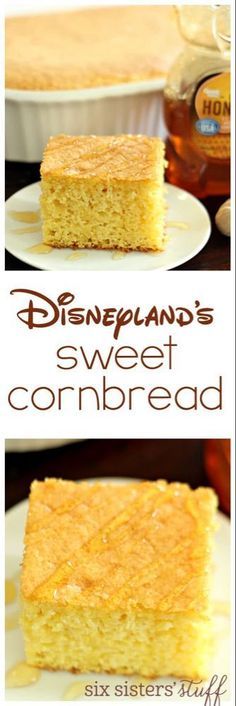 two pictures showing different types of cake on plates with honey syrup in the background and sweet cornbread