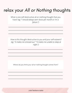 I’ve created a free Canva editable worksheet which helps your followers + coaching clients to overcome anxious thoughts. You can brand it in Canva for free! This tool is part of my editable coaching workbook - Overcome Anxiety Guide. | Black and white thinking worksheet | strategies for black and white thinking | editable coaching workbook | coaching workbook | All Or Nothing Thinking, Thoughts For Life, Coaching Workbook, Life Coaching Worksheets, Coaching Worksheets, Black And White Thinking, Life Coach Business, Coaching Clients, Coaching Tips