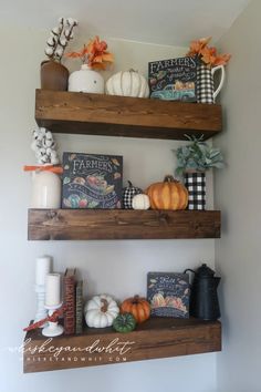 two wooden shelves with pumpkins and books on them