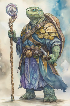 Kavallith is a curious blend of ancient wisdom and youthful enthusiasm. Draped in robes adorned with seashell motifs and carrying a staff topped with a swirling conch, Kavallith is as much at home on the seashore as they are in the arcane library. Tortle Monk Dnd, Dnd Sea Campaign, Dnd Fortune Teller, Tortle Sorcerer, Merfolk Dnd, Arcane Library