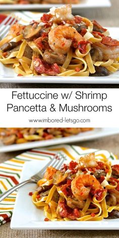 two plates of pasta with shrimp and mushrooms