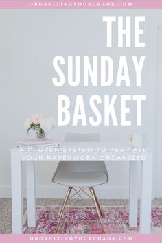 a white desk with flowers on top and the words, the sunday basket above it