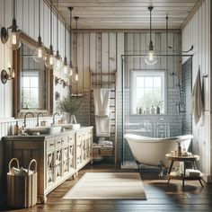 Create a realistic and intricate image portraying a modern farmhouse style bathroom. Accessories such as wicker storage baskets, an antique ladder turned towel rack, and a vase of fresh flowers on the countertop could be included. The color scheme should be neutral, featuring shades of white, cream, and warm wood. The lighting should be plenty, with a mix of natural daylight from a window if possible and industrial pendant lights. Bathroom Luxury, Dream Bathroom, Rustic Chic, Rustic Elegance, Luxury Bathroom, Modern Bathroom, Bathroom Design, Bathrooms, Dreaming Of You