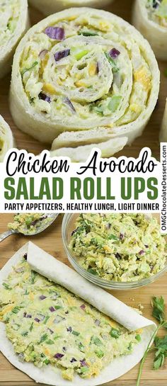 chicken avocado salad roll ups with text overlay