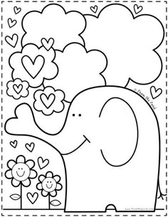 an elephant with hearts and flowers in the background