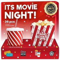 the popcorn box is red with white stripes and stars on it, as well as a drink