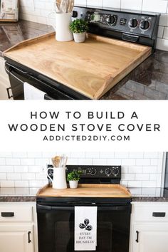 a black stove top oven sitting inside of a kitchen next to a wooden cutting board