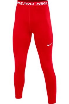 men's nike pro tight pants in red and white with the word nike on it