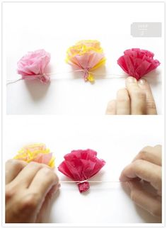 four different images of flowers being made with tissue paper and yarn, one is pink, the other is yellow