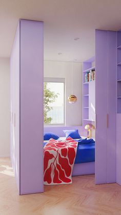 a bedroom with purple walls and a blue couch in the corner next to a book shelf