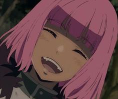 an anime character with pink hair and bangs smiling at something in the distance behind her