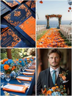 an orange and blue wedding theme