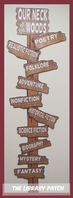 a wooden sign with many different signs on it that read our neck woods, realistic fiction, adventure, nonfiction, science fiction, mystery and fantasy