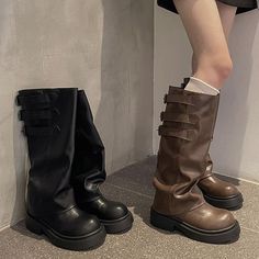 Platform Buckled Panel Knee High Bootsmeasurement is cm.Product Information Material: 100% PU Color: Black Egirl Shoes, Kawaii Shoes, Kawaii Clothes, New Instagram, Trendy Fashion Women, Kawaii Fashion, Haiti, Daily Fashion, High Boots