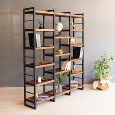 a bookshelf with several shelves and plants on the floor next to a potted plant