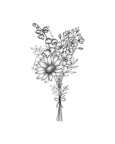 a bouquet of flowers is drawn in black and white with a butterfly on the top