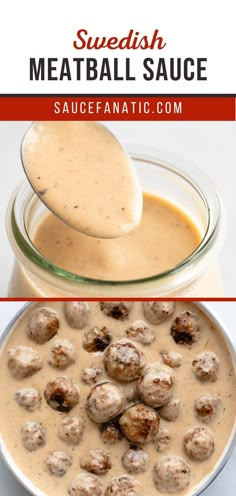 meatball sauce in a glass bowl next to a plate of meatballs with a spoon