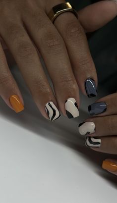 Shilac Short Nails, Short Nails Crazy Design, Black Nails With Checkered Accent Nail, Cheetah Short Nails, Each Nail Different Color Shades, Top Nail Designs 2024, Short Nails Abstract, Short Simple Fall Nails