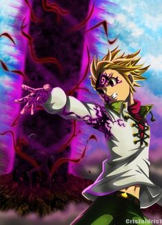 an anime character with blonde hair and purple eyes pointing at something in the air while wearing a white shirt