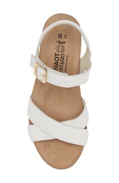 A gleaming buckle stands out against the supple leather straps on this open-toe sandal set on a low wedge for comfortable height. 1 3/4" heel (size 39) Adjustable ankle strap with buckle closure Cushioned footbed with arch support Leather upper and lining/synthetic sole Classic Wedge Heel Sandals With Heel Loop, White Sandal, Low Heel Wedges, Low Wedges, White Sandals, Summer Sandals, Open Toe Sandals, Wedge Sandal, Sandal Women