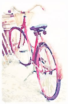 a watercolor painting of a red bicycle parked on the beach next to another bike