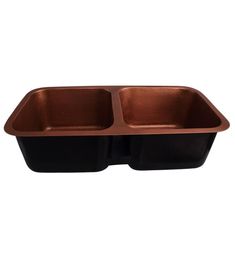 an image of two copper and black double bowl kitchen sink with one drain on the side