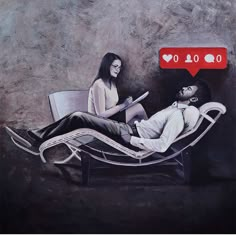 a drawing of a man laying on a chair next to a woman with a speech bubble above her head