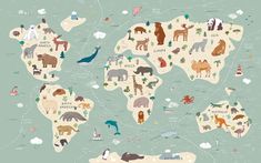 an illustrated map of the world with animals