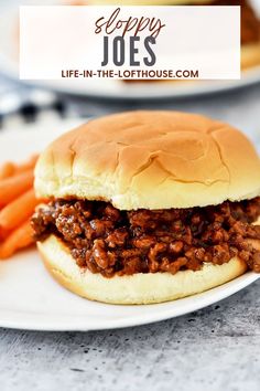 sloppy joes sandwich on a plate with carrots