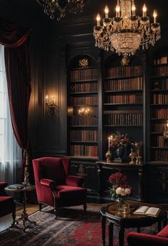 a living room filled with lots of furniture and a chandelier