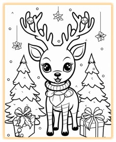 rudolph the reindeer coloring page with presents in front of him and his christmas tree on the other side