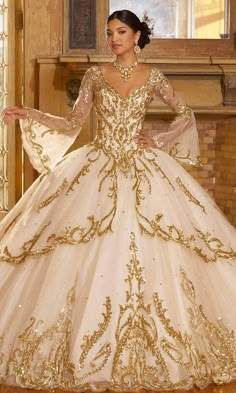 Mori Lee 60156 - Long Sleeve Embellished Ballgown Net Ball Gown, Glittering Dress, Long Sleeve Ball Gowns, Gold Wedding Dress, Quince Dress, Video Tiktok, Mori Lee